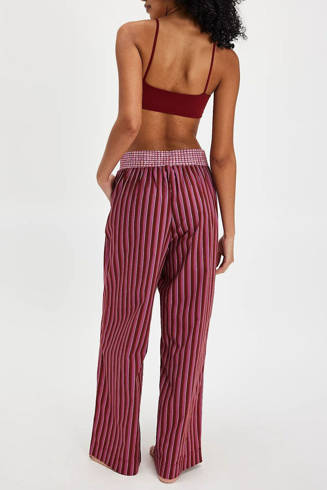 Contrast Waistband Striped Relaxed Lounge Pants - Burgundy - 1