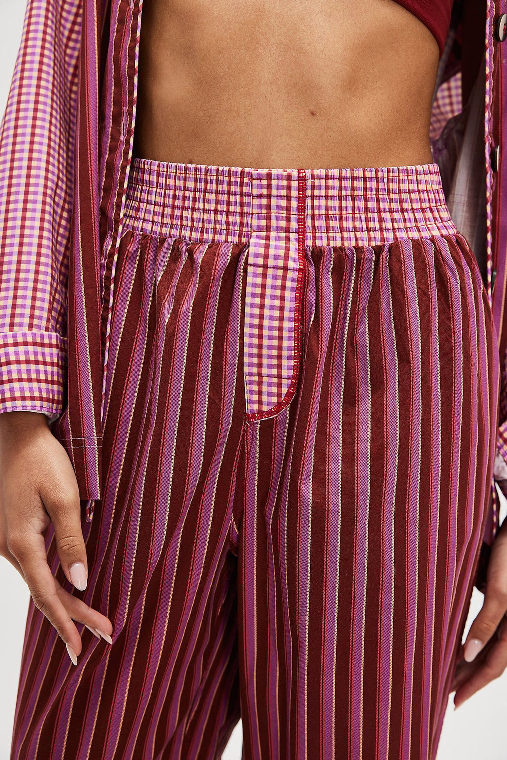 Contrast Waistband Striped Relaxed Lounge Pants - Burgundy - 2