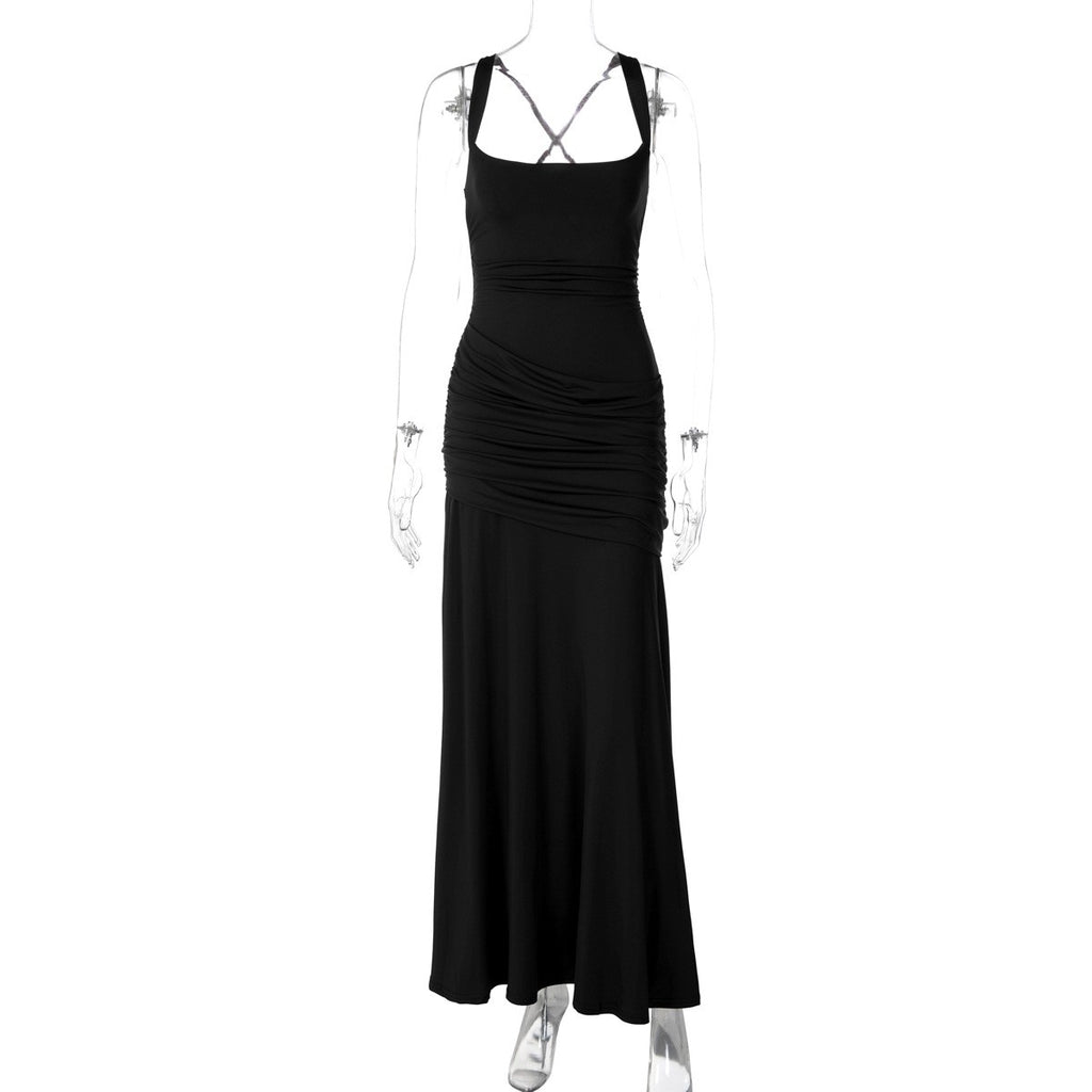 Ruched Jersey Square Neck Lace-Up Maxi Dress - Black