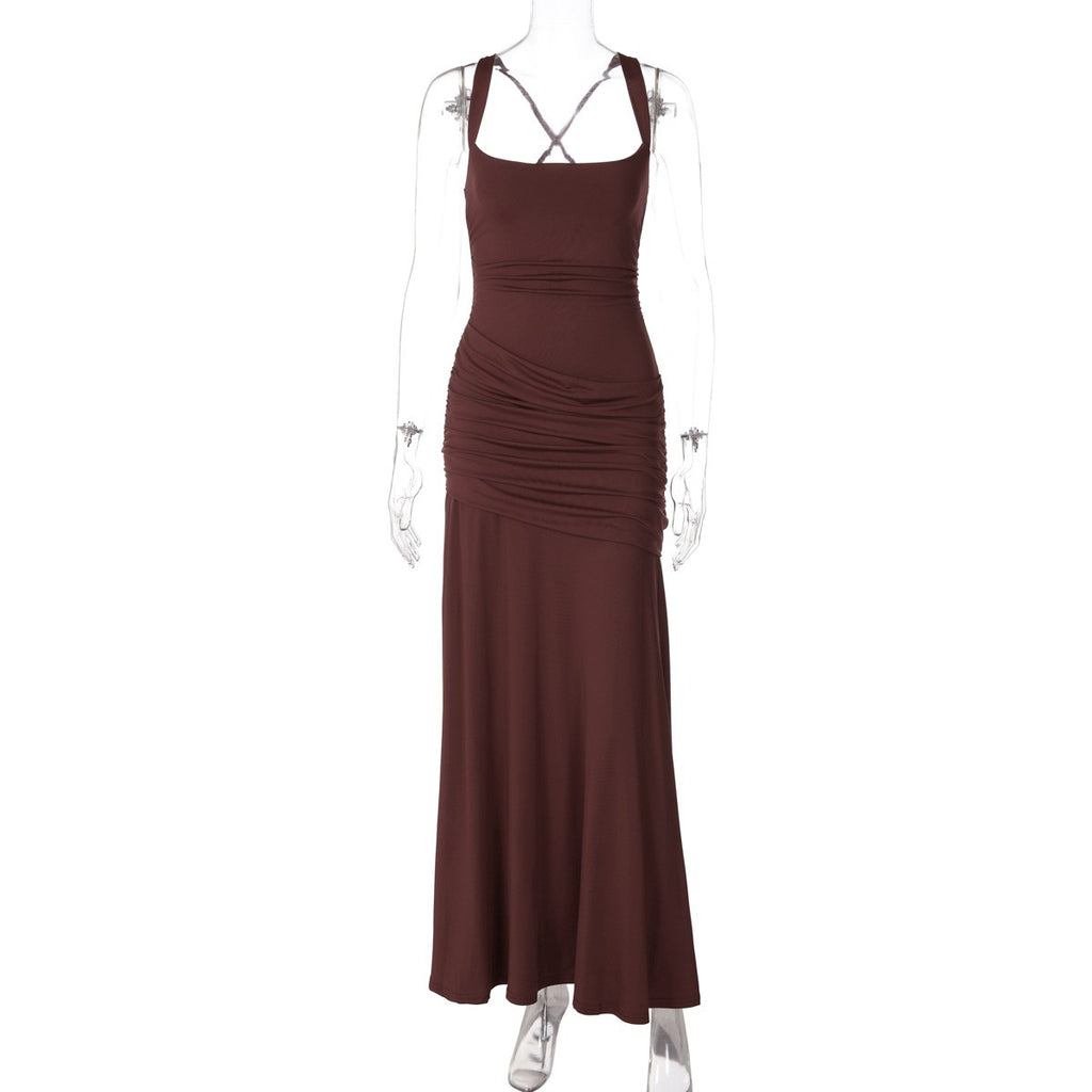 Ruched Jersey Square Neck Lace-Up Maxi Dress - Brown