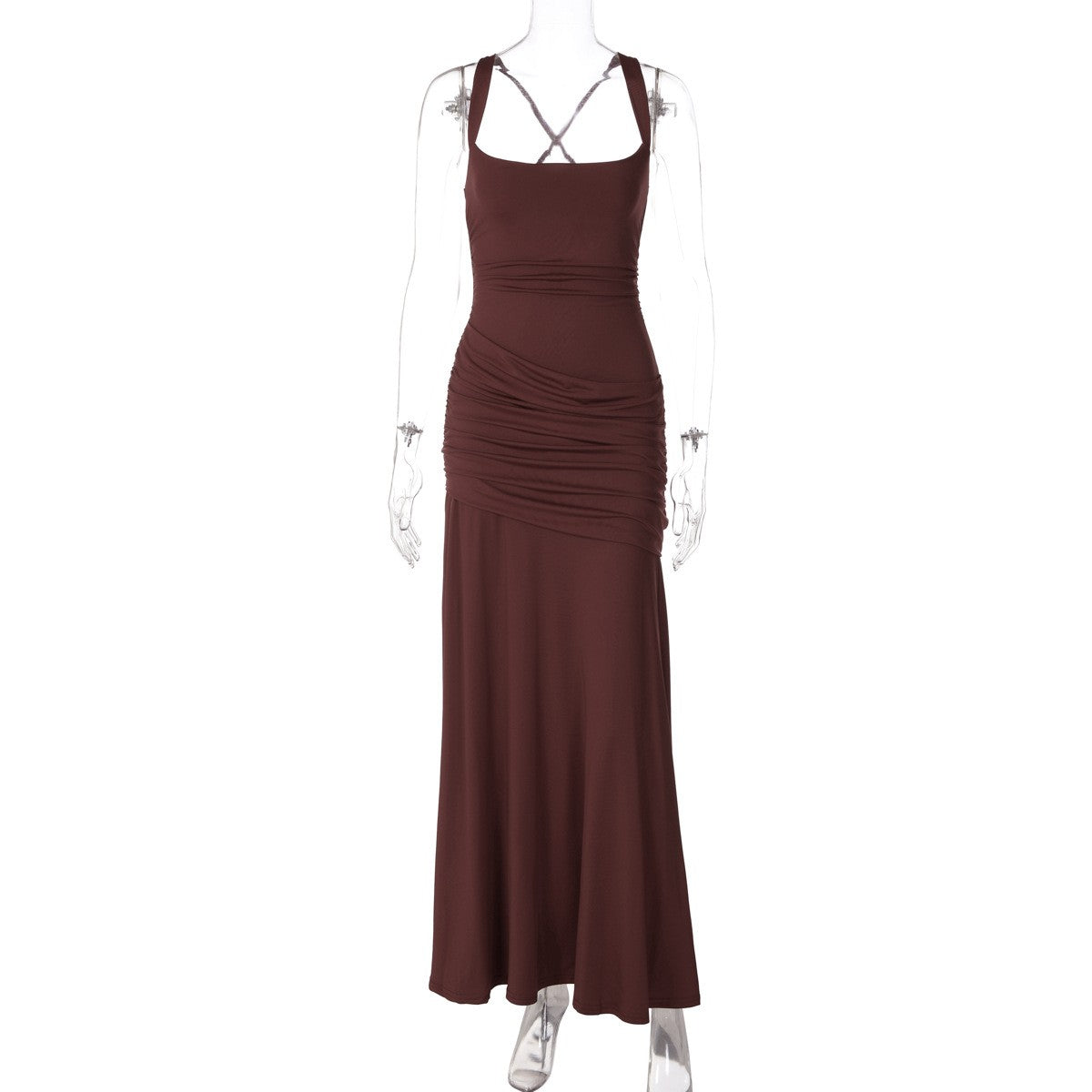 Ruched Jersey Square Neck Lace-Up Maxi Dress - Brown