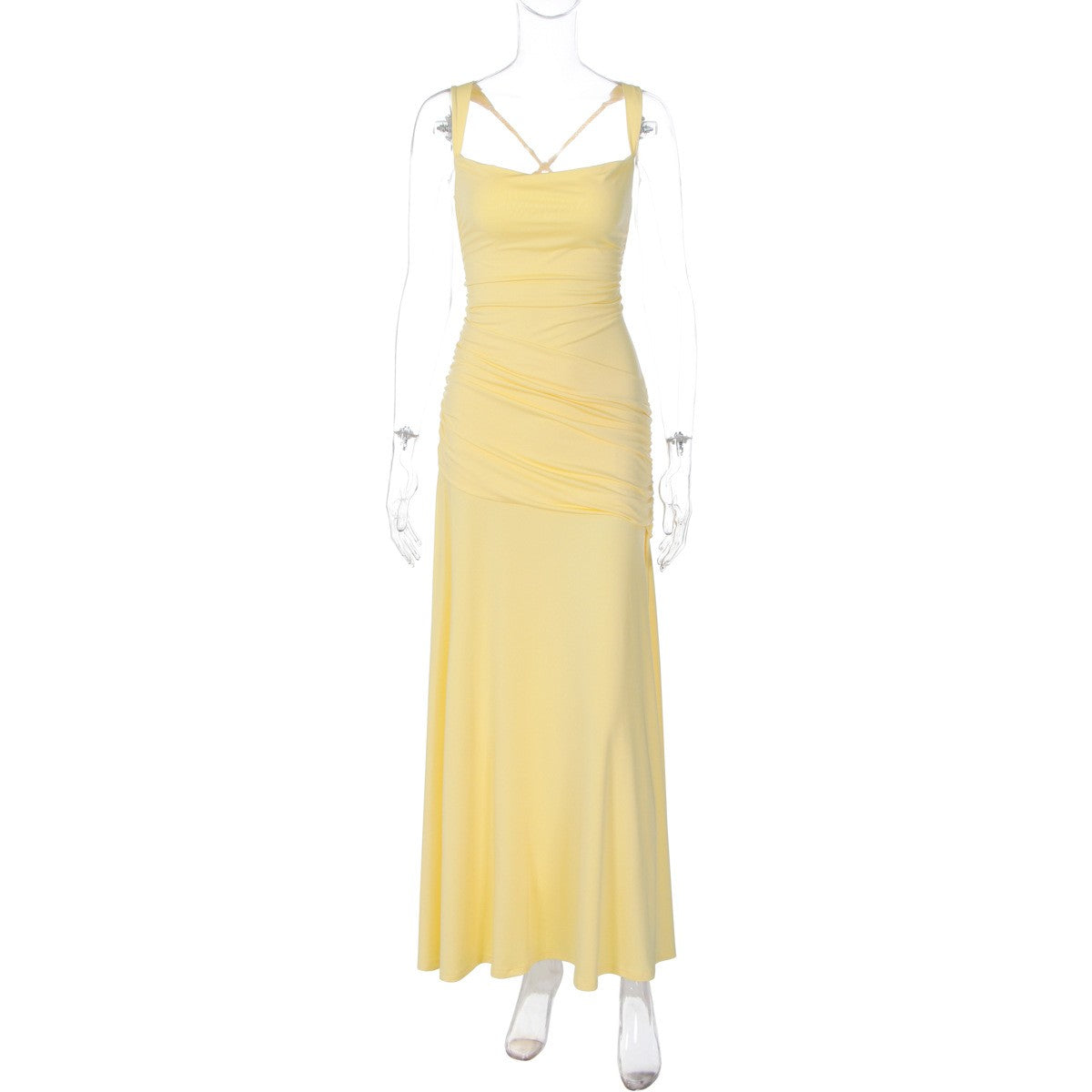 Ruched Jersey Square Neck Lace-Up Maxi Dress - Butter Yellow