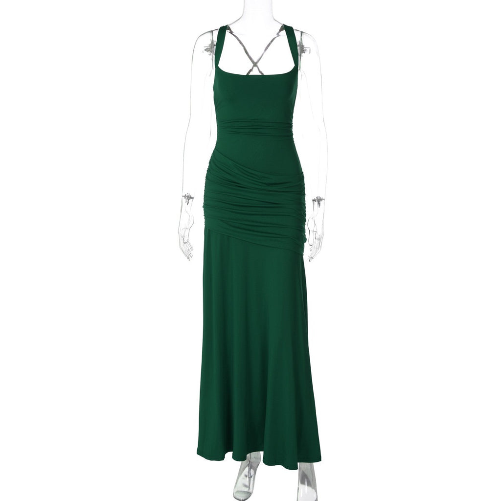 Ruched Jersey Square Neck Lace-Up Maxi Dress - Dark Green