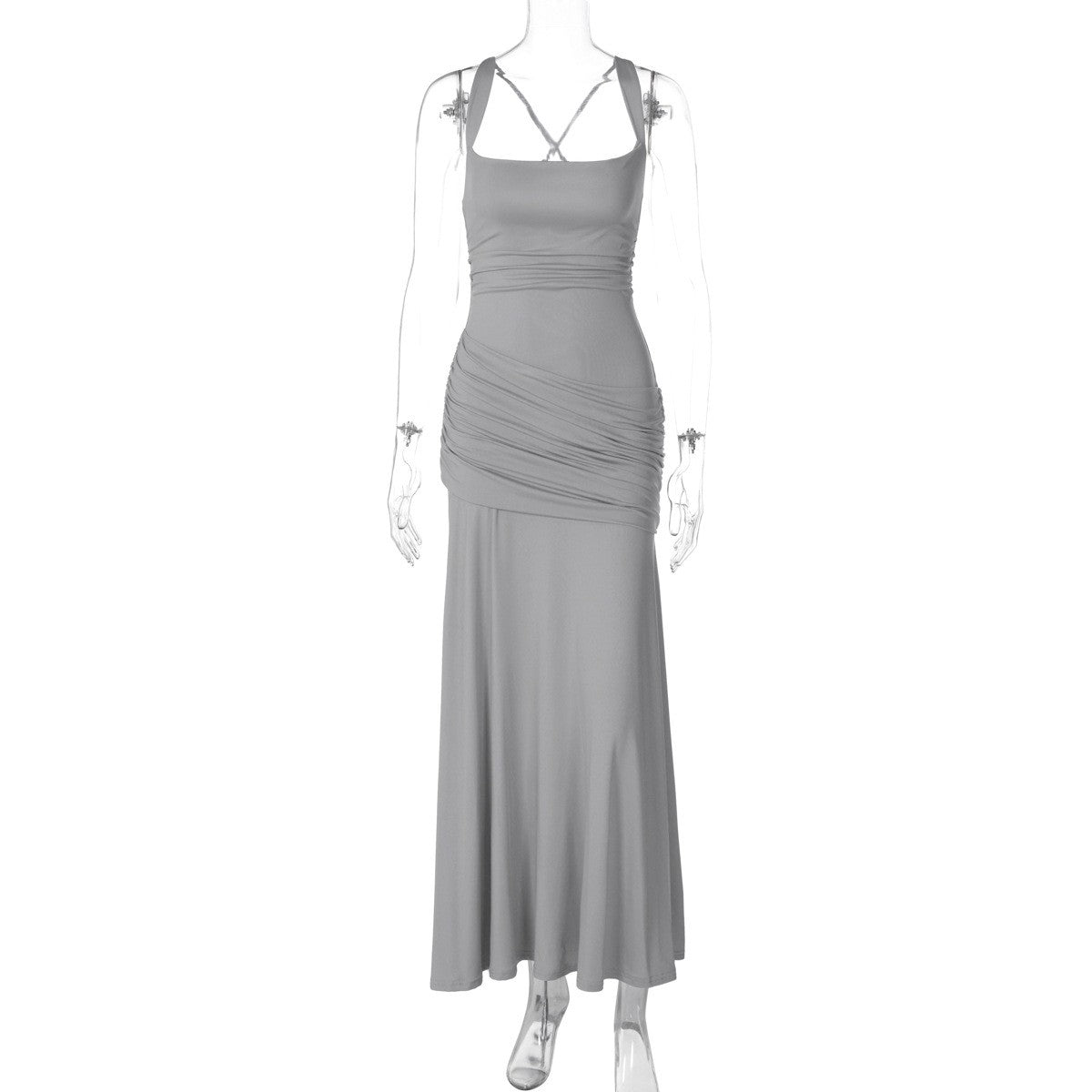 Ruched Jersey Square Neck Lace-Up Maxi Dress - Gray