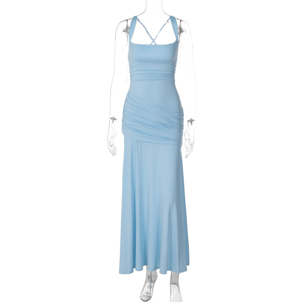 Ruched Jersey Square Neck Lace-Up Maxi Dress - Light Blue