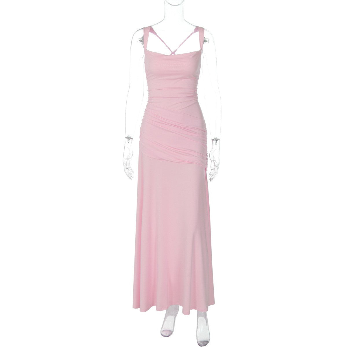Ruched Jersey Square Neck Lace-Up Maxi Dress - Light Pink