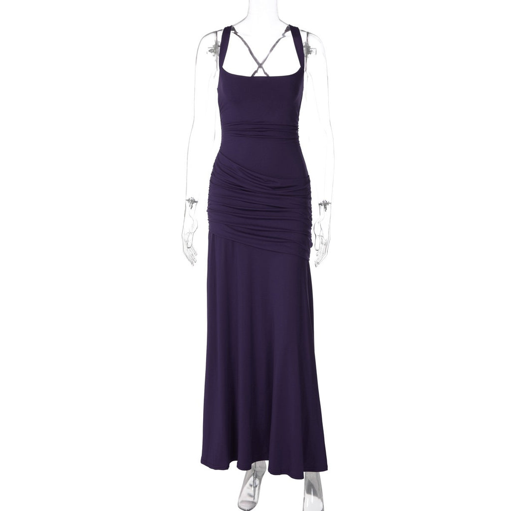 Ruched Jersey Square Neck Lace-Up Maxi Dress - Navy