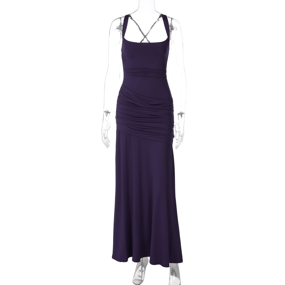 Ruched Jersey Square Neck Lace-Up Maxi Dress - Navy