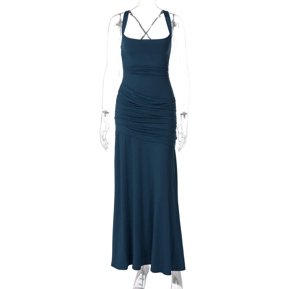 Ruched Jersey Square Neck Lace-Up Maxi Dress - Petrol Blue