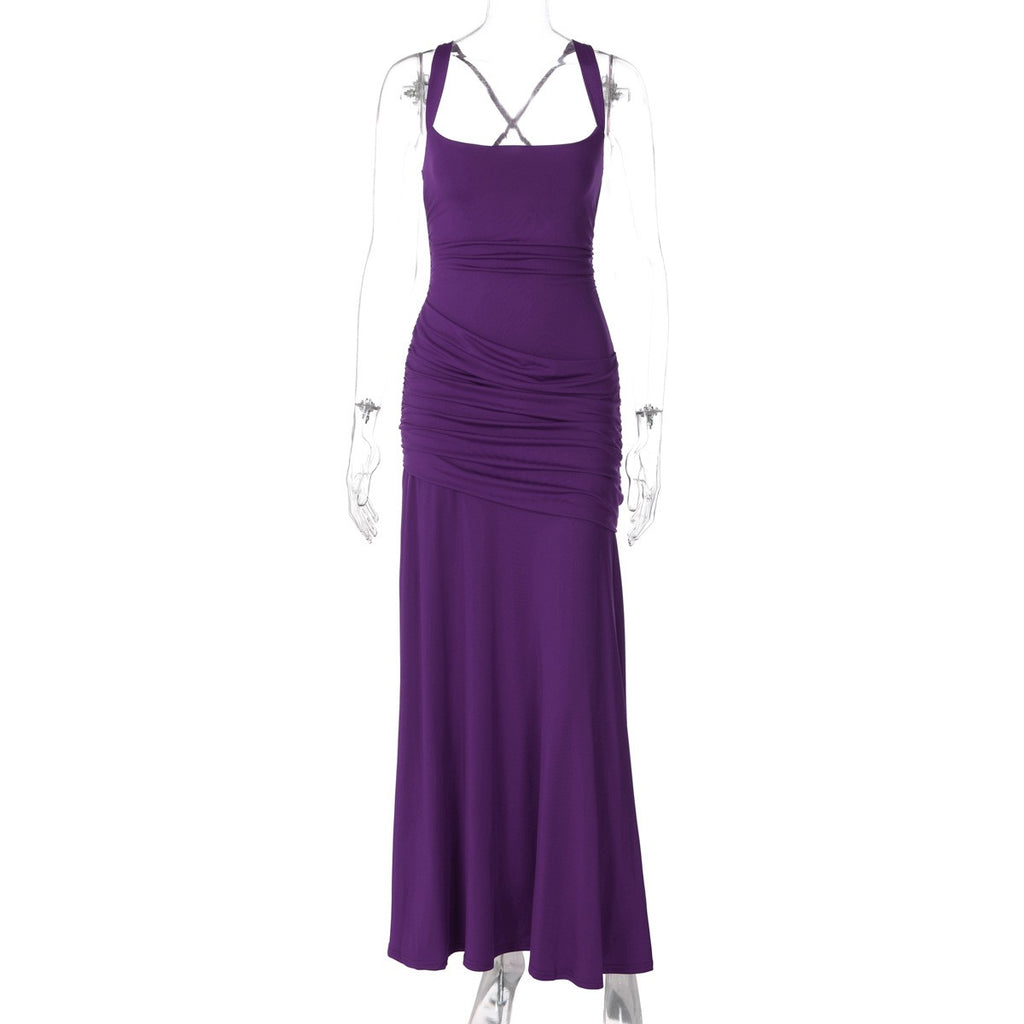 Ruched Jersey Square Neck Lace-Up Maxi Dress - Purple