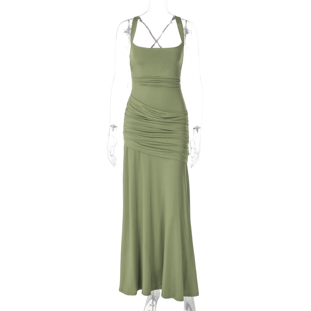 Ruched Jersey Square Neck Lace-Up Maxi Dress - Sage Green