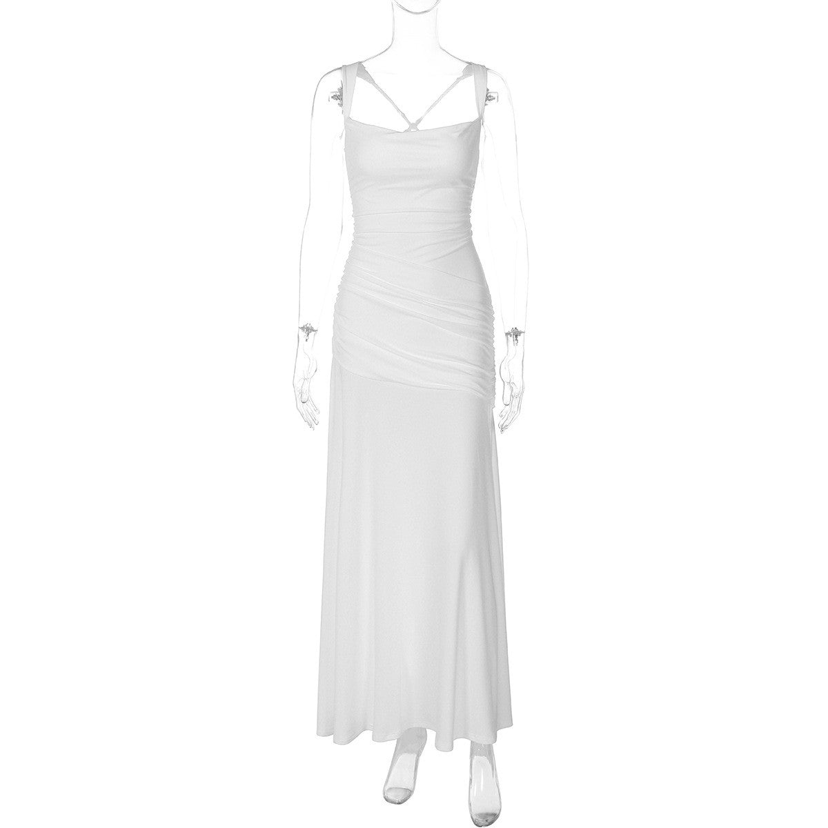 Ruched Jersey Square Neck Lace-Up Maxi Dress - White