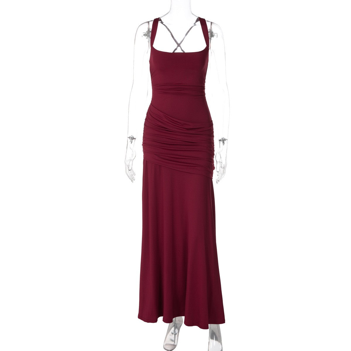 Ruched Jersey Square Neck Lace-Up Maxi Dress