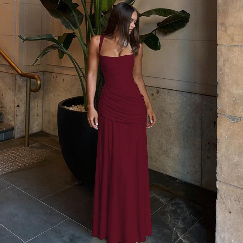 Ruched Jersey Square Neck Lace-Up Maxi Dress