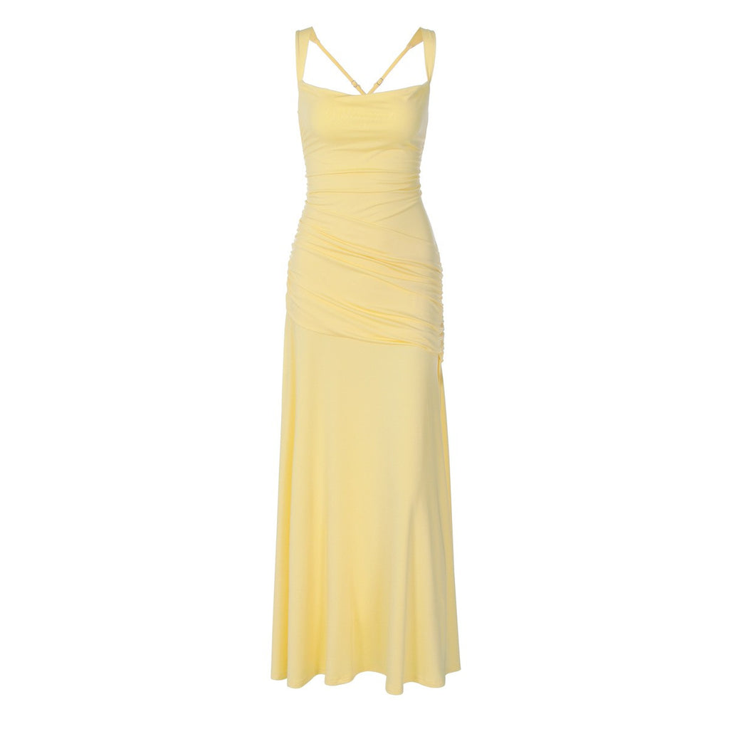 Ruched Jersey Square Neck Lace-Up Maxi Dress
