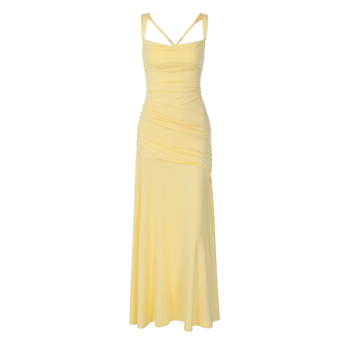 Ruched Jersey Square Neck Lace-Up Maxi Dress
