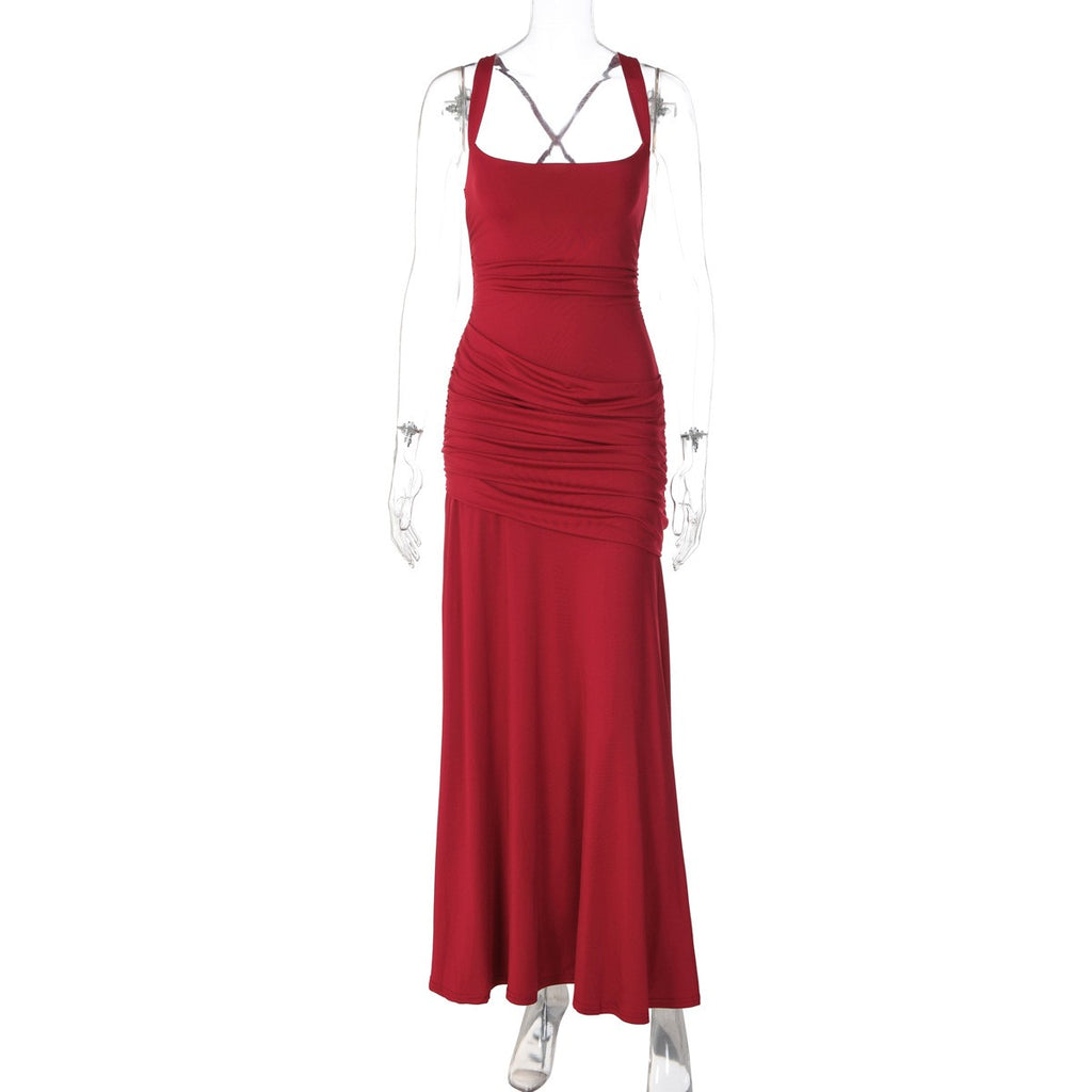 Ruched Jersey Square Neck Lace-Up Maxi Dress