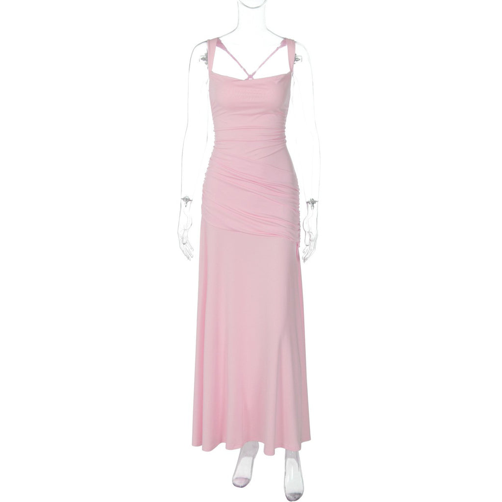Ruched Jersey Square Neck Lace-Up Maxi Dress