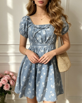 Ditsy Floral Puff Sleeve Chambray Mini Dress - Blue