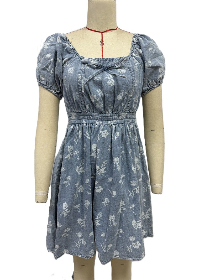 Ditsy Floral Puff Sleeve Chambray Mini Dress - Blue - 1