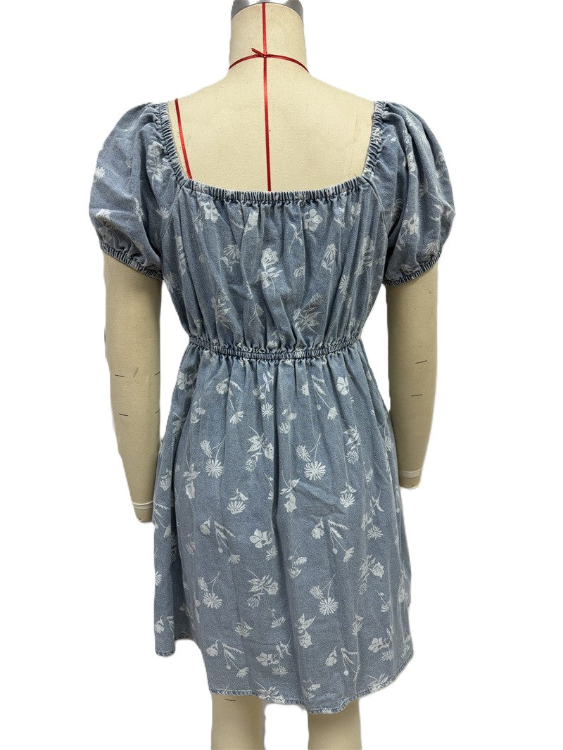 Ditsy Floral Puff Sleeve Chambray Mini Dress - Blue - 2