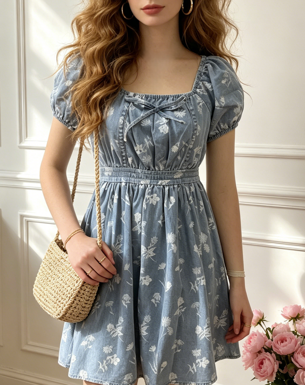 Ditsy Floral Puff Sleeve Chambray Mini Dress - Blue - 3