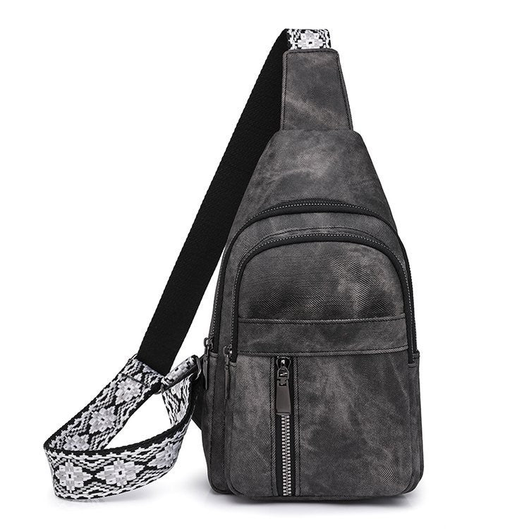 Distressed Faux Leather Sling Bag with Woven Strap - Black