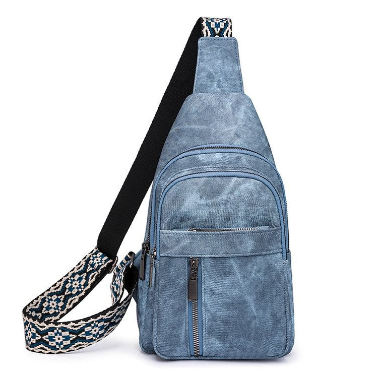 Distressed Faux Leather Sling Bag with Woven Strap - Blue
