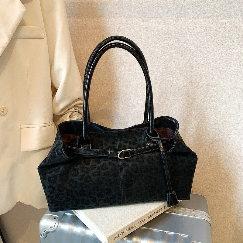 Leopard Print Belted East West Shoulder Bag - Black