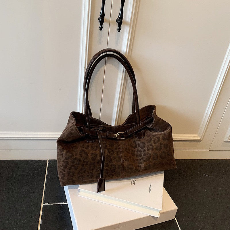 Leopard Print Belted East West Shoulder Bag - Coffee