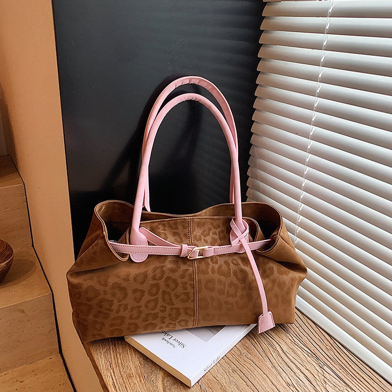 Leopard Print Belted East West Shoulder Bag - Tan