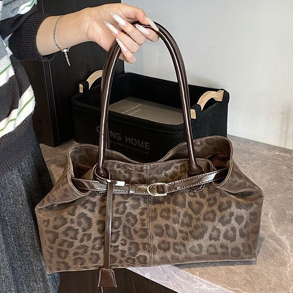 Leopard Print Belted East West Shoulder Bag