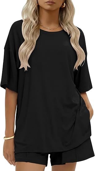 Drop Shoulder Lounge Set With Pocket Shorts - Black