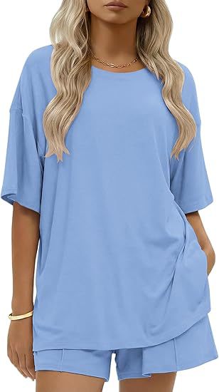 Drop Shoulder Lounge Set With Pocket Shorts - Blue