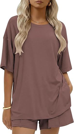 Drop Shoulder Lounge Set With Pocket Shorts - Brown