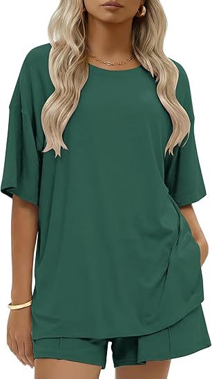 Drop Shoulder Lounge Set With Pocket Shorts - Green