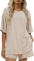 Drop Shoulder Lounge Set With Pocket Shorts - Khaki