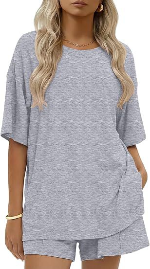 Drop Shoulder Lounge Set With Pocket Shorts - LightGray