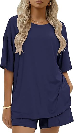 Drop Shoulder Lounge Set With Pocket Shorts - Navy