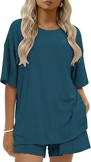 Drop Shoulder Lounge Set With Pocket Shorts - Peacock