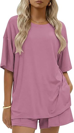 Drop Shoulder Lounge Set With Pocket Shorts - Pink