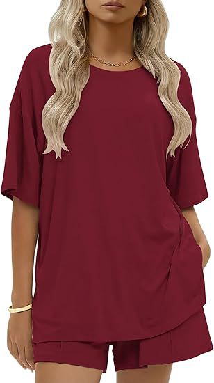 Drop Shoulder Lounge Set With Pocket Shorts - WineRed