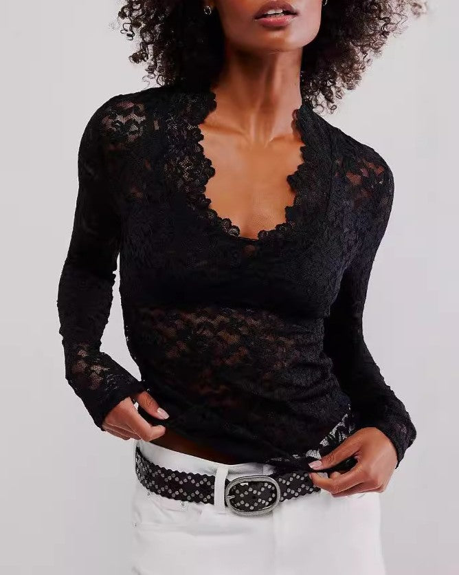Scalloped V Neck Sheer Lace Blouse - Black - 1