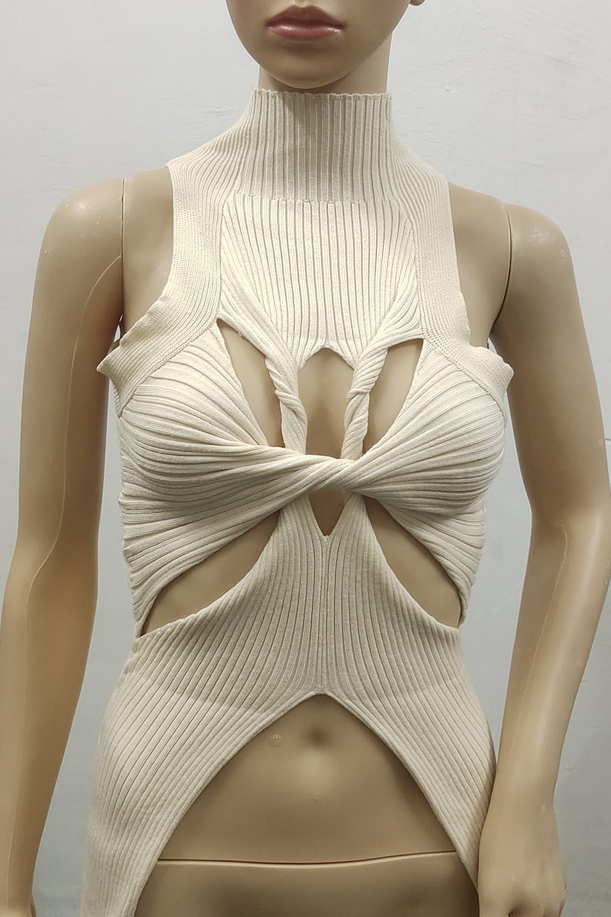 Twist Front Cut Out Rib Knit Top - Beige