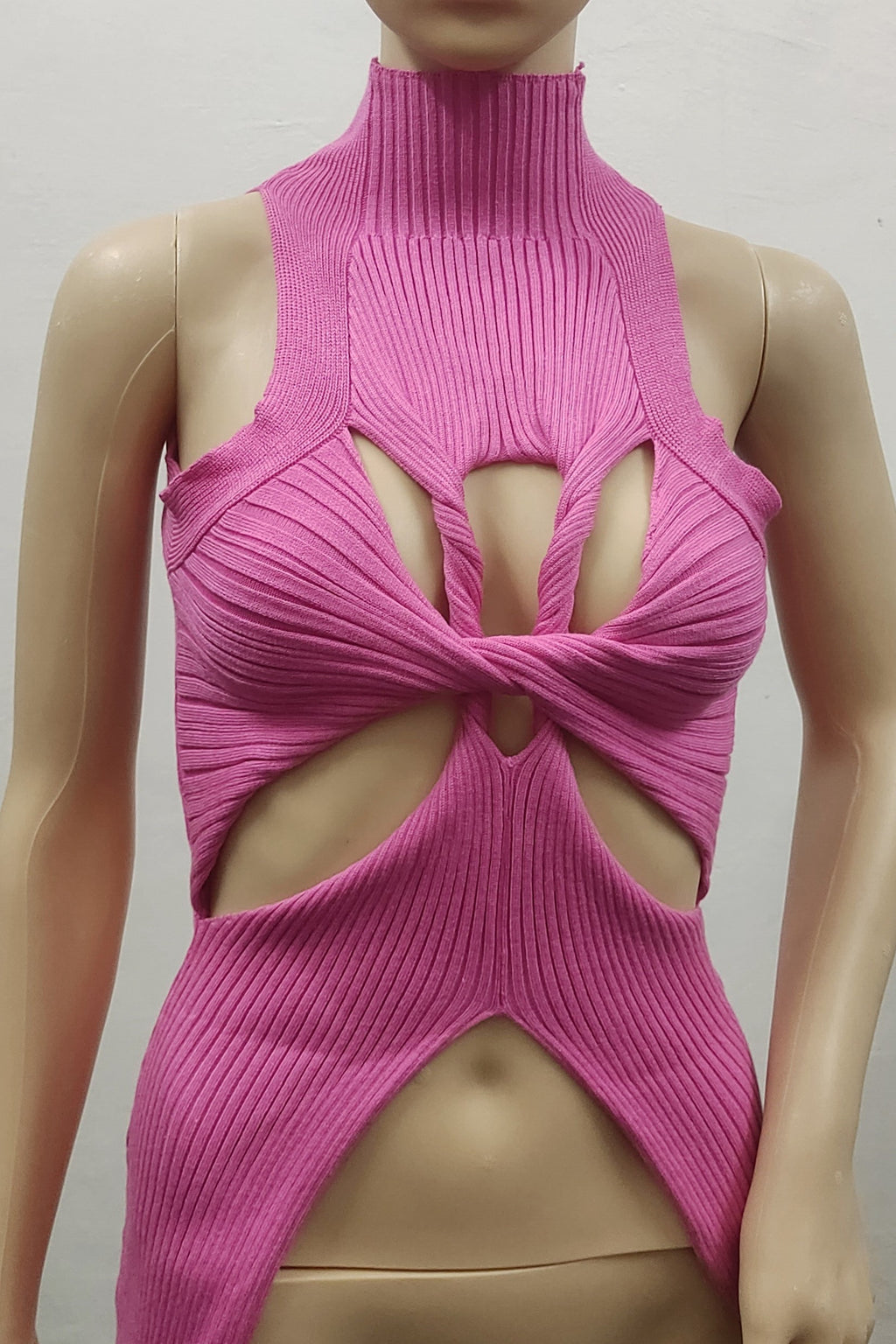 Twist Front Cut Out Rib Knit Top - Fuchsia