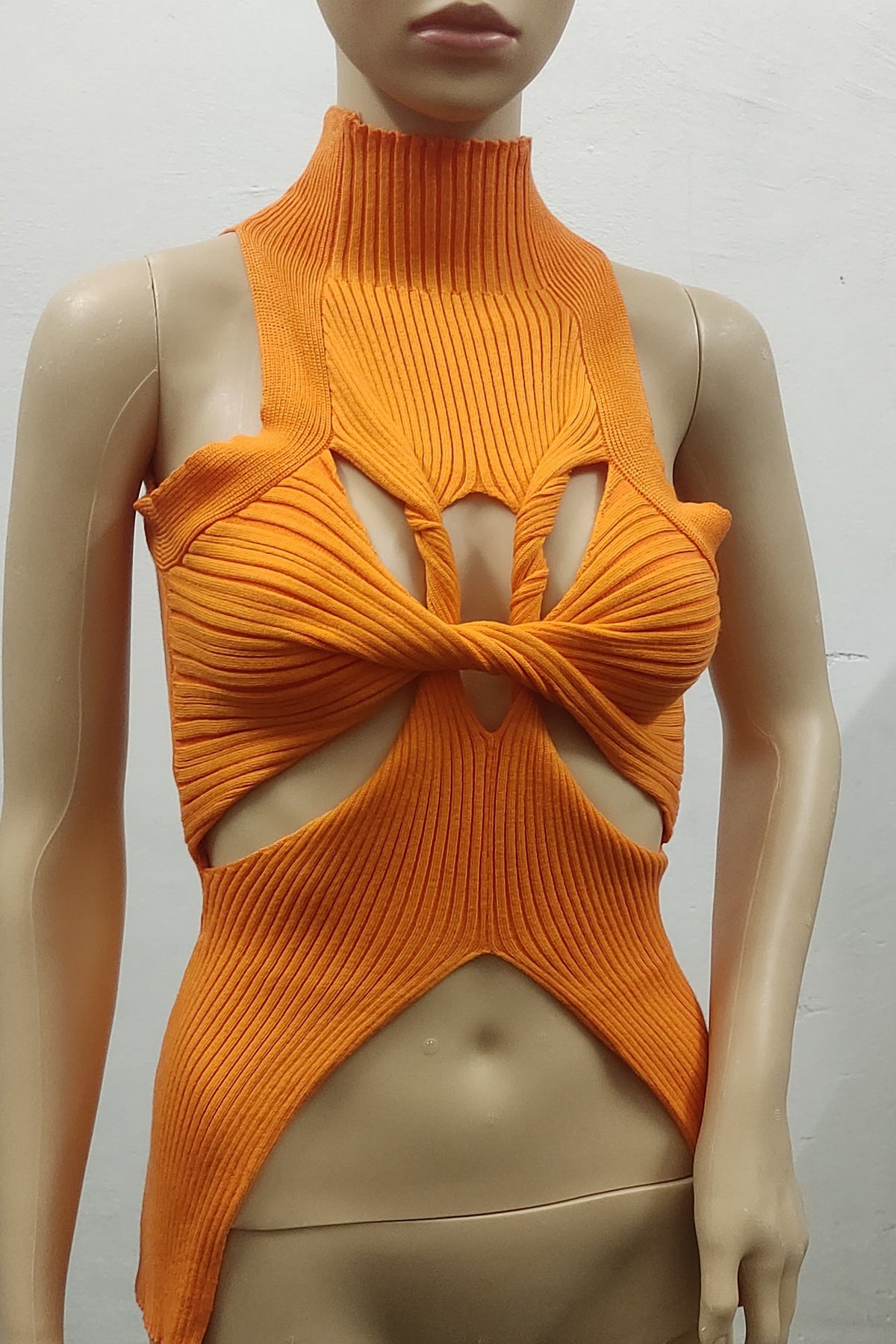 Twist Front Cut Out Rib Knit Top - Orange