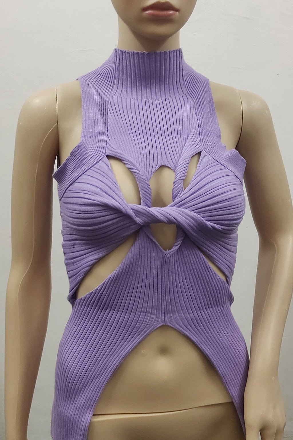 Twist Front Cut Out Rib Knit Top - Purple