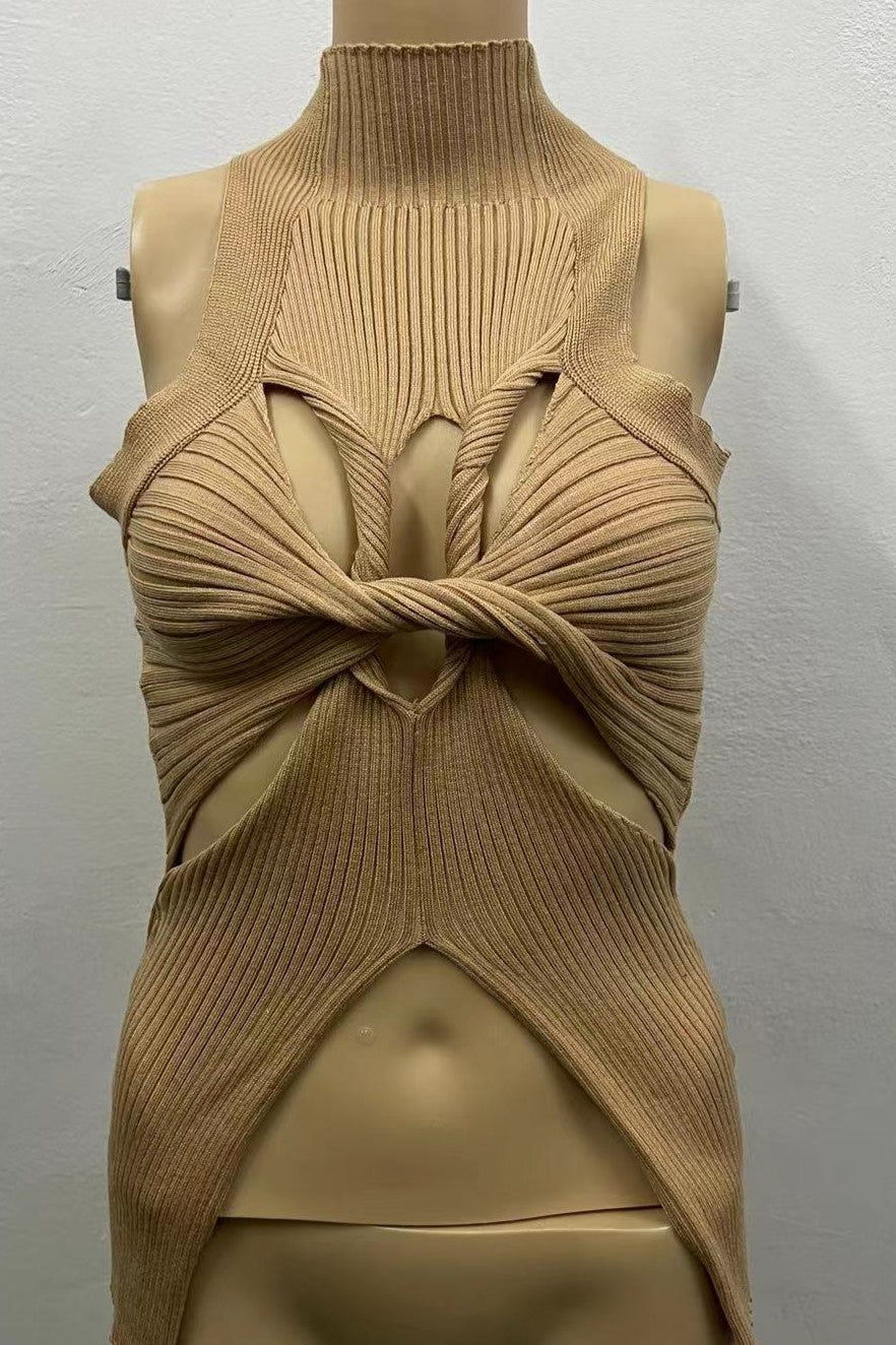 Twist Front Cut Out Rib Knit Top - Sand