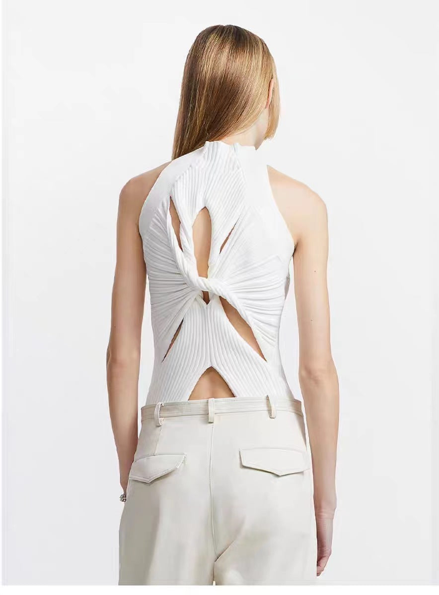 Twist Front Cut Out Rib Knit Top - White - 2