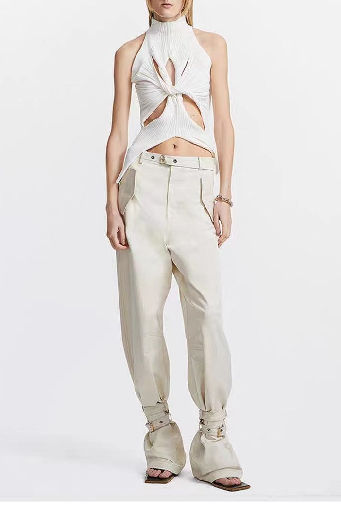 Twist Front Cut Out Rib Knit Top - White - 3